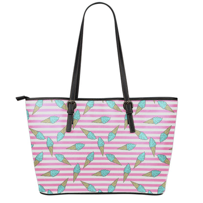 Pink Striped Ice Cream Pattern Print Leather Tote Bag