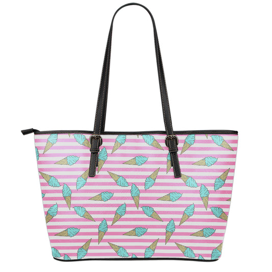 Pink Striped Ice Cream Pattern Print Leather Tote Bag