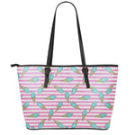 Pink Striped Ice Cream Pattern Print Leather Tote Bag