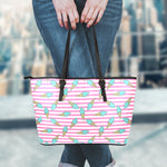 Pink Striped Ice Cream Pattern Print Leather Tote Bag