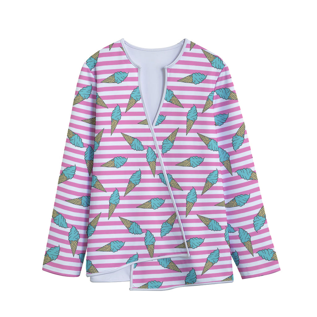 Pink Striped Ice Cream Pattern Print Long Sleeve Short Coat
