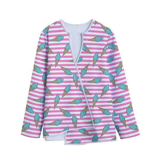 Pink Striped Ice Cream Pattern Print Long Sleeve Short Coat