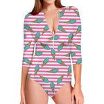 Pink Striped Ice Cream Pattern Print Long Sleeve Swimsuit