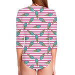 Pink Striped Ice Cream Pattern Print Long Sleeve Swimsuit
