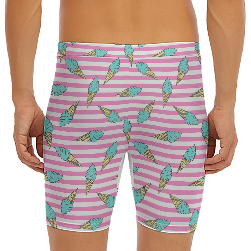 Pink Striped Ice Cream Pattern Print Men's Long Boxer Briefs
