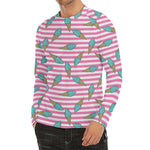 Pink Striped Ice Cream Pattern Print Men's Long Sleeve Rash Guard