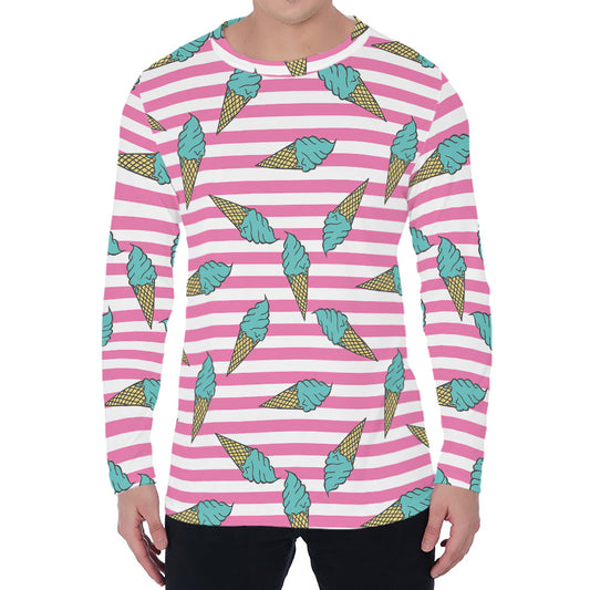 Pink Striped Ice Cream Pattern Print Men's Long Sleeve T-Shirt