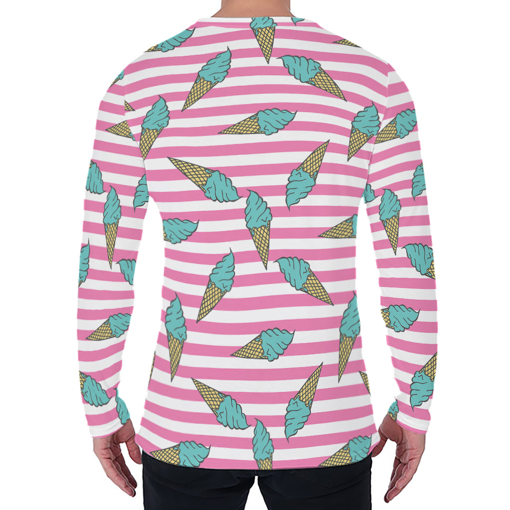 Pink Striped Ice Cream Pattern Print Men's Long Sleeve T-Shirt