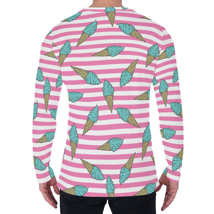 Pink Striped Ice Cream Pattern Print Men's Long Sleeve T-Shirt
