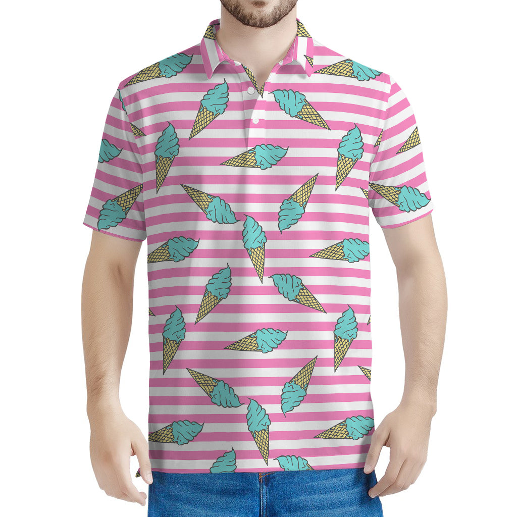 Pink Striped Ice Cream Pattern Print Men's Polo Shirt