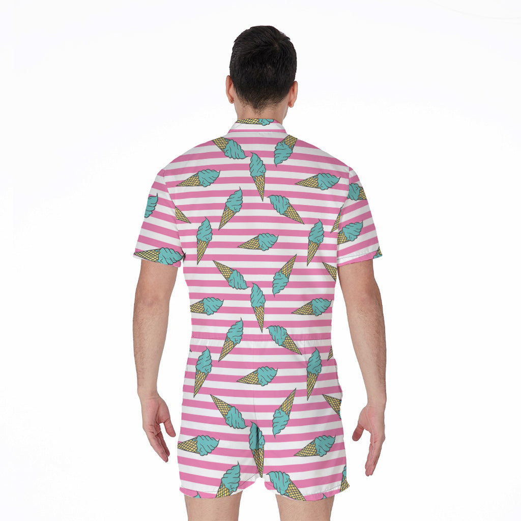 Pink Striped Ice Cream Pattern Print Men's Rompers