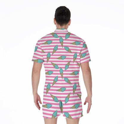Pink Striped Ice Cream Pattern Print Men's Rompers