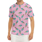 Pink Striped Ice Cream Pattern Print Men's Short Sleeve Rash Guard