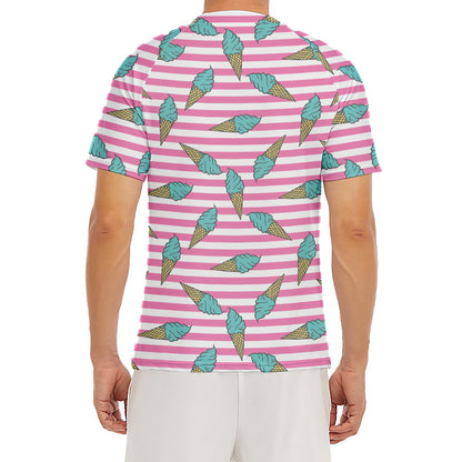 Pink Striped Ice Cream Pattern Print Men's Short Sleeve Rash Guard