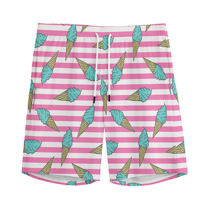 Pink Striped Ice Cream Pattern Print Men's Sports Shorts