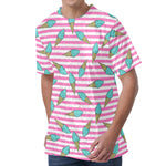 Pink Striped Ice Cream Pattern Print Men's Velvet T-Shirt