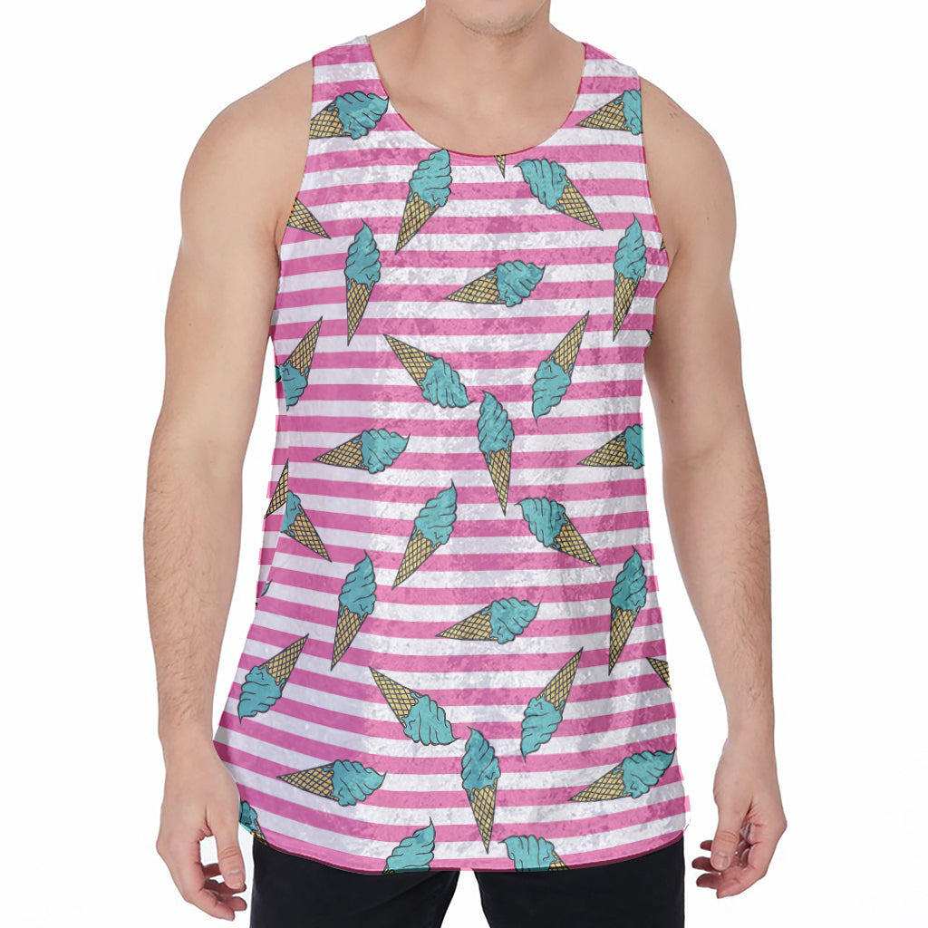 Pink Striped Ice Cream Pattern Print Men's Velvet Tank Top