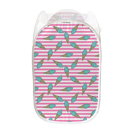 Pink Striped Ice Cream Pattern Print Mesh Laundry Hamper