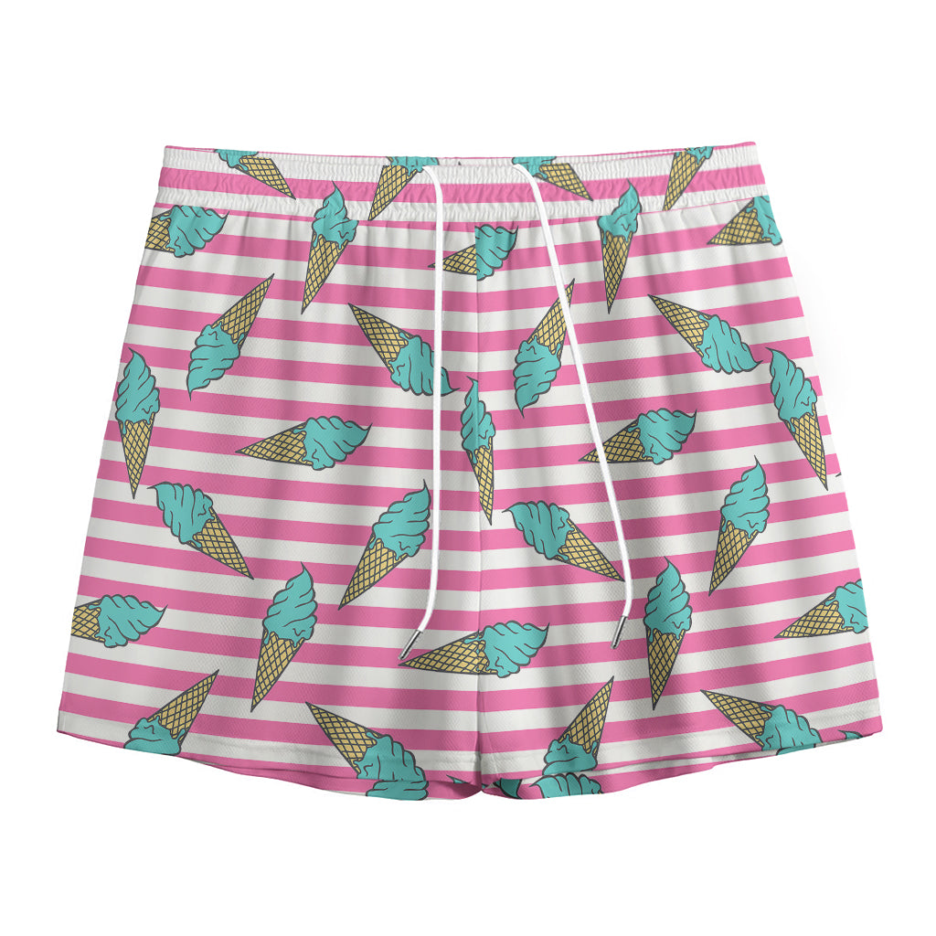 Pink Striped Ice Cream Pattern Print Mesh Shorts