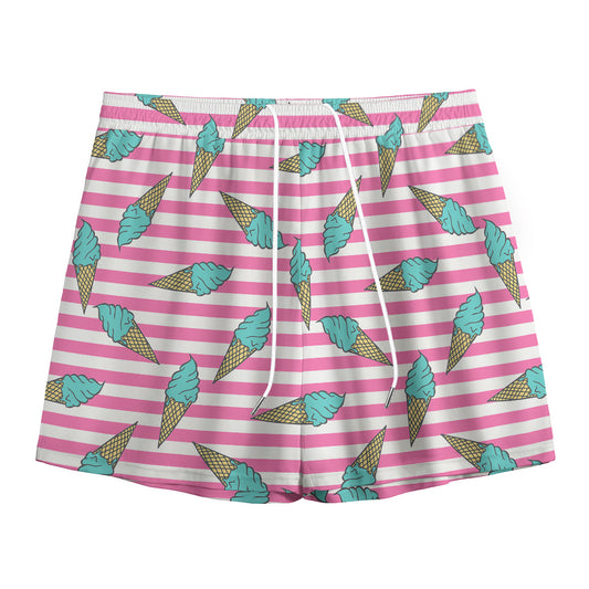 Pink Striped Ice Cream Pattern Print Mesh Shorts