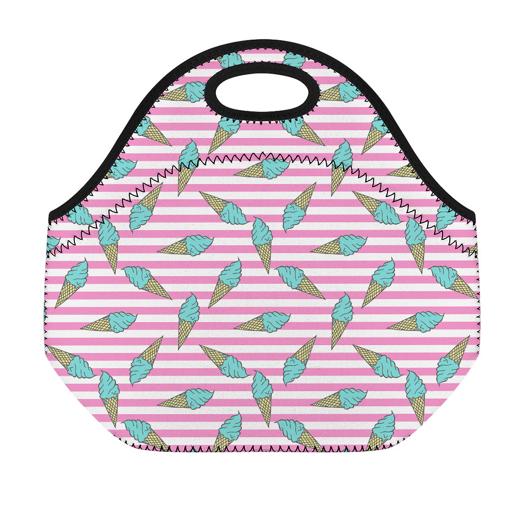 Pink Striped Ice Cream Pattern Print Neoprene Lunch Bag