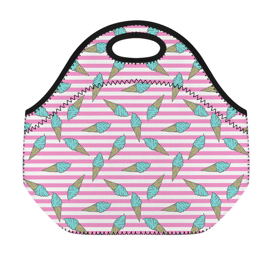 Pink Striped Ice Cream Pattern Print Neoprene Lunch Bag