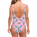 Pink Striped Ice Cream Pattern Print One Piece Swimsuit