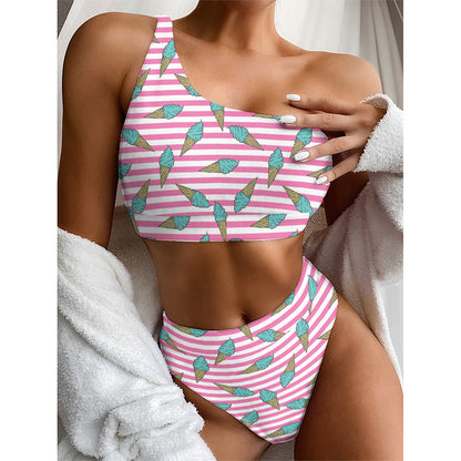 Pink Striped Ice Cream Pattern Print One Shoulder Bikini Top