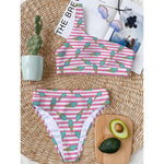 Pink Striped Ice Cream Pattern Print One Shoulder Bikini Top