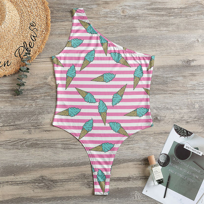 Pink Striped Ice Cream Pattern Print One Shoulder Bodysuit