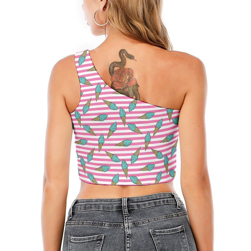 Pink Striped Ice Cream Pattern Print One Shoulder Crop Top