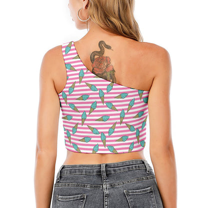 Pink Striped Ice Cream Pattern Print One Shoulder Crop Top