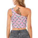 Pink Striped Ice Cream Pattern Print One Shoulder Crop Top