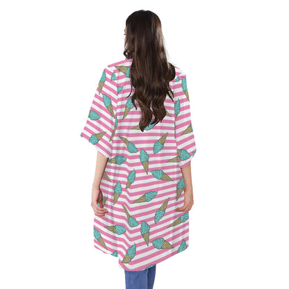 Pink Striped Ice Cream Pattern Print Open Front Beach Cover Up