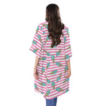 Pink Striped Ice Cream Pattern Print Open Front Beach Cover Up