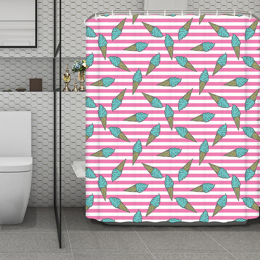 Pink Striped Ice Cream Pattern Print Polyester Shower Curtain