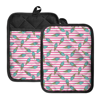 Pink Striped Ice Cream Pattern Print Pot Holders With Pocket