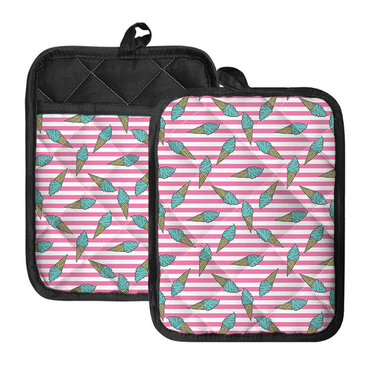 Pink Striped Ice Cream Pattern Print Pot Holders With Pocket