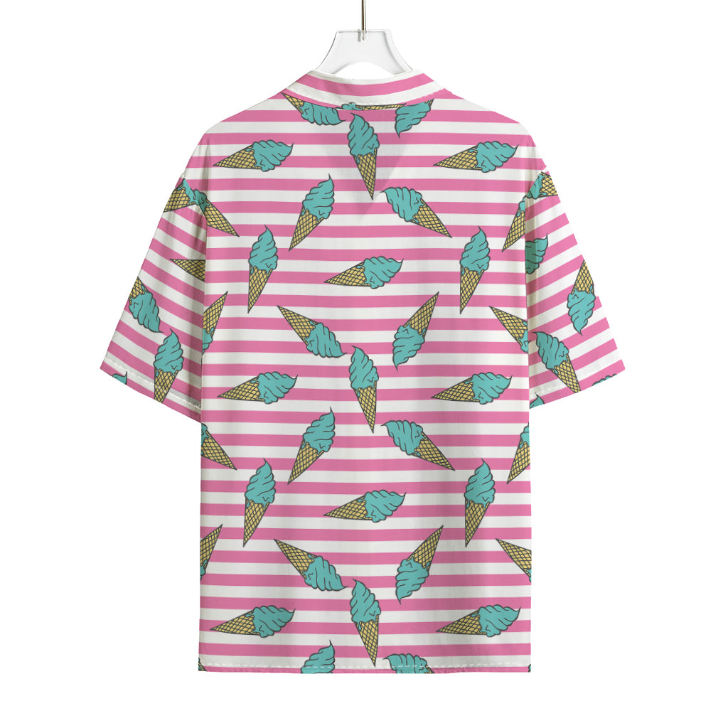 Pink Striped Ice Cream Pattern Print Rayon Hawaiian Shirt