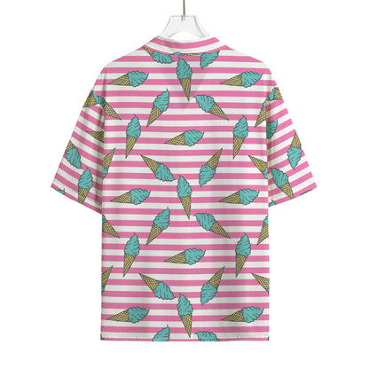Pink Striped Ice Cream Pattern Print Rayon Hawaiian Shirt