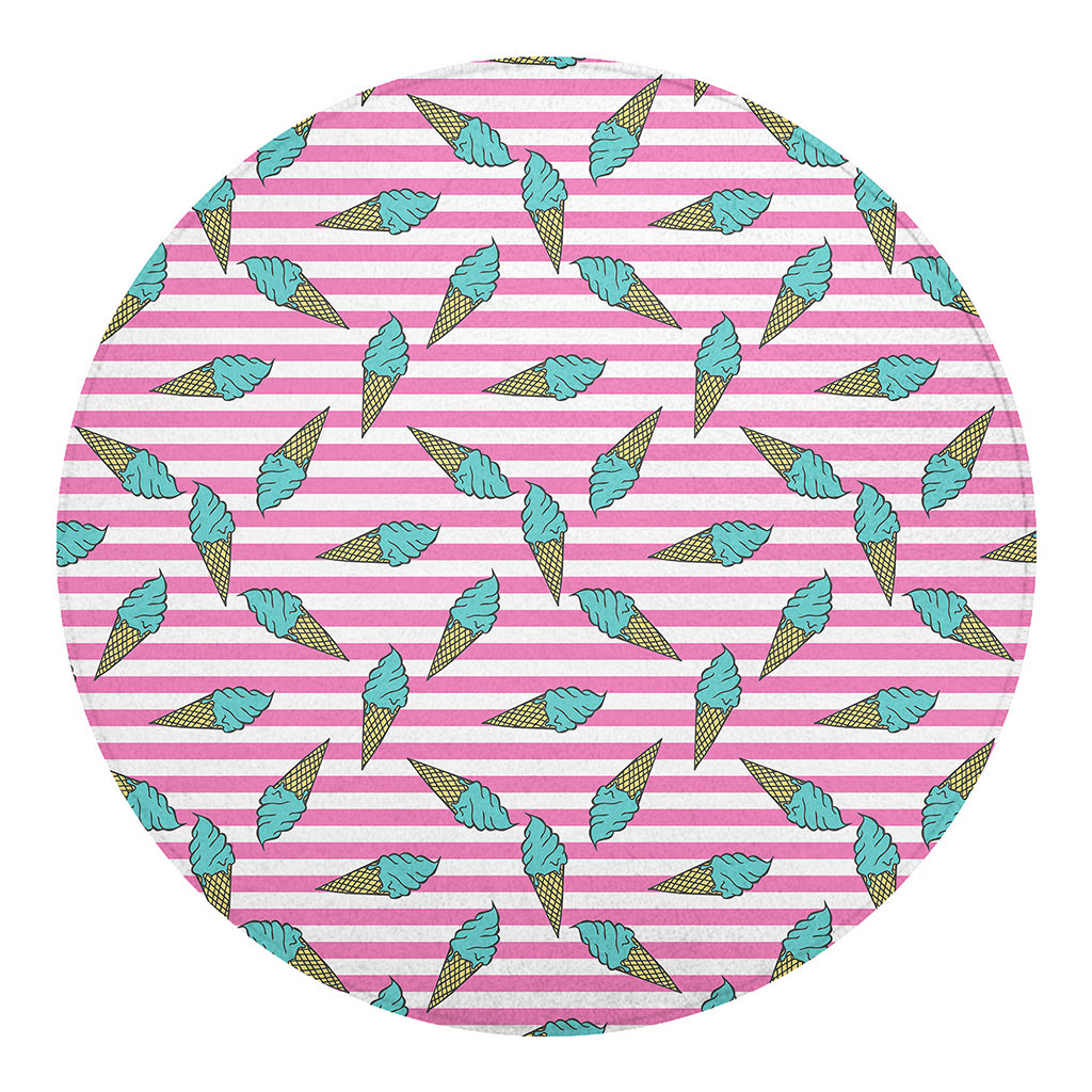Pink Striped Ice Cream Pattern Print Round Blanket