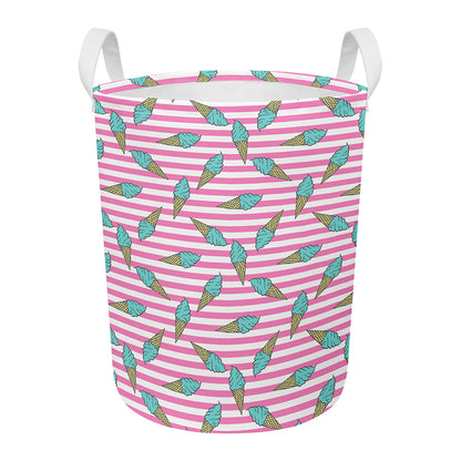 Pink Striped Ice Cream Pattern Print Round Laundry Basket