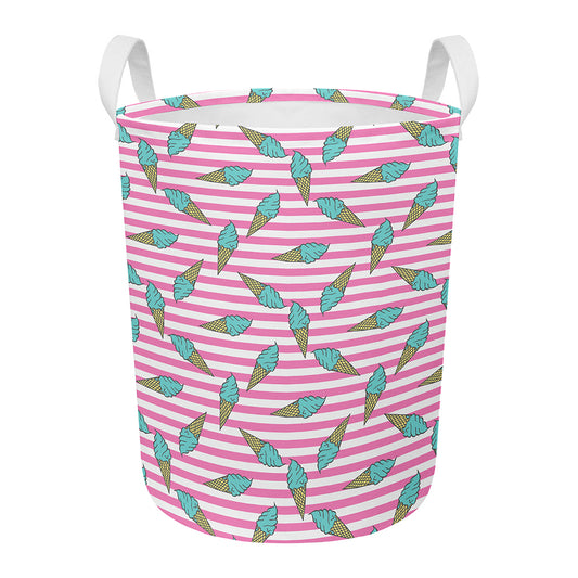 Pink Striped Ice Cream Pattern Print Round Laundry Basket