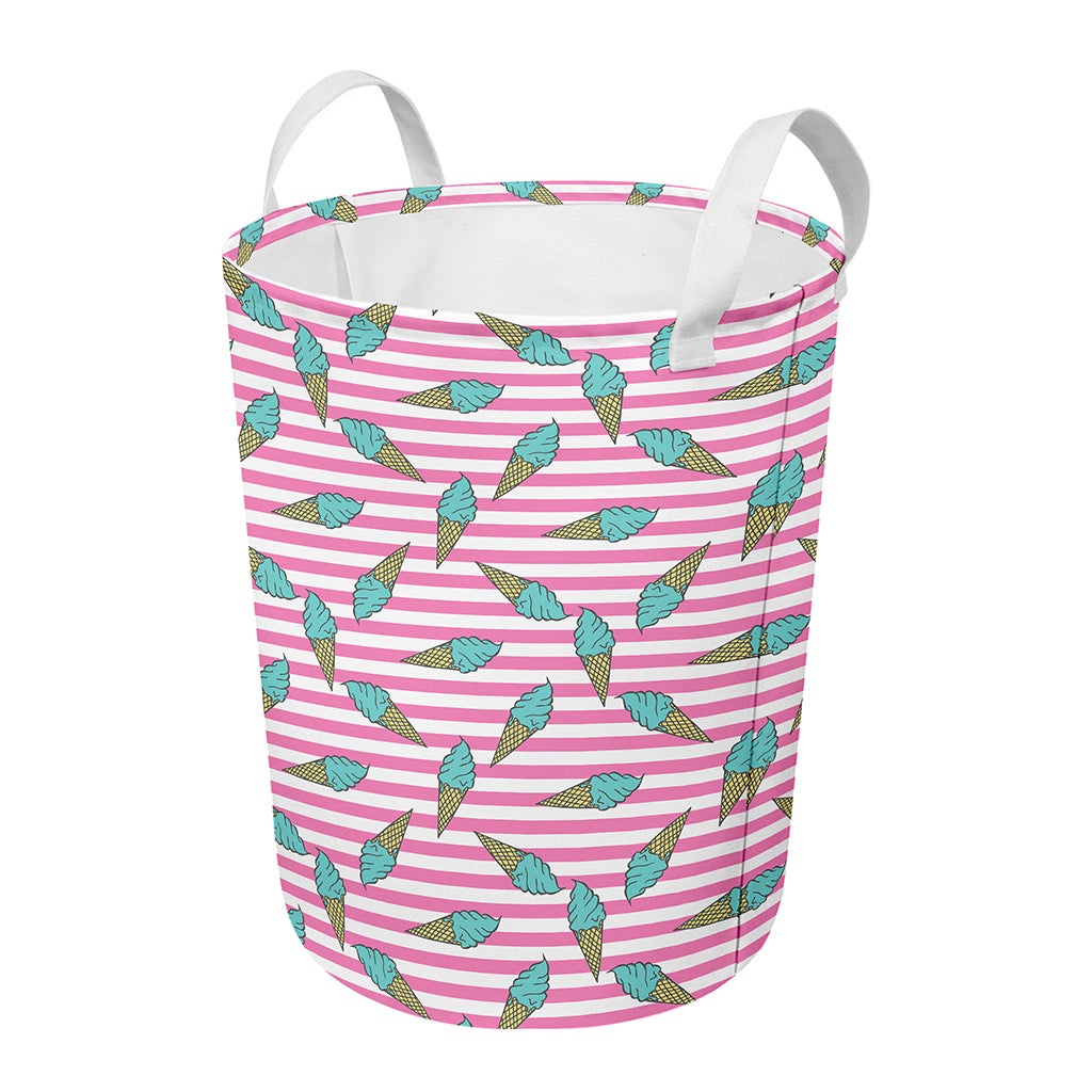 Pink Striped Ice Cream Pattern Print Round Laundry Basket