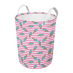 Pink Striped Ice Cream Pattern Print Round Laundry Basket