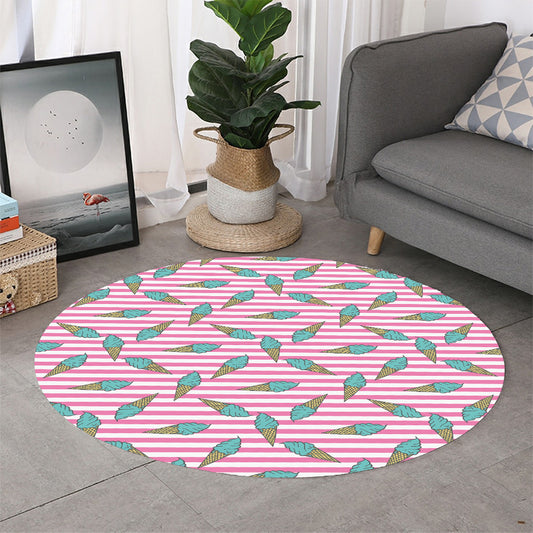 Pink Striped Ice Cream Pattern Print Round Rug