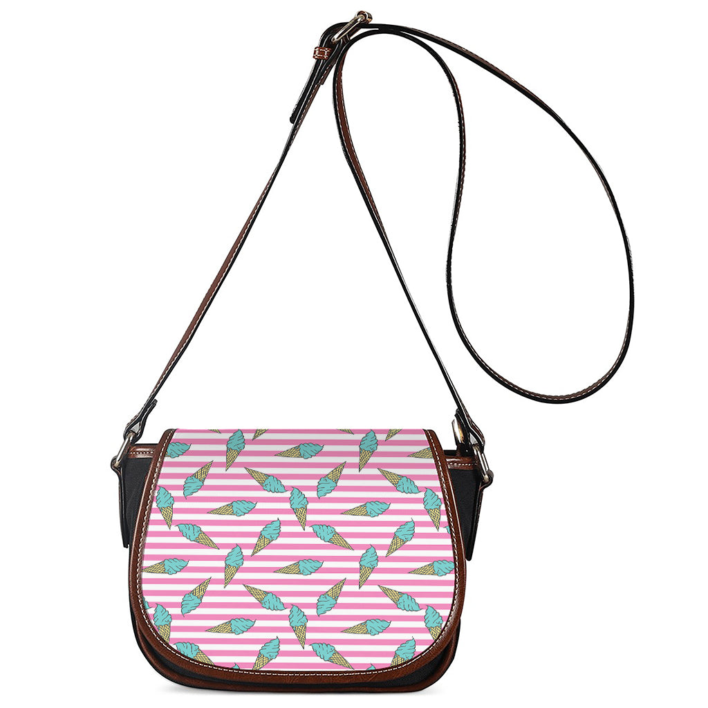 Pink Striped Ice Cream Pattern Print Saddle Bag