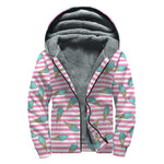 Pink Striped Ice Cream Pattern Print Sherpa Lined Zip Up Hoodie
