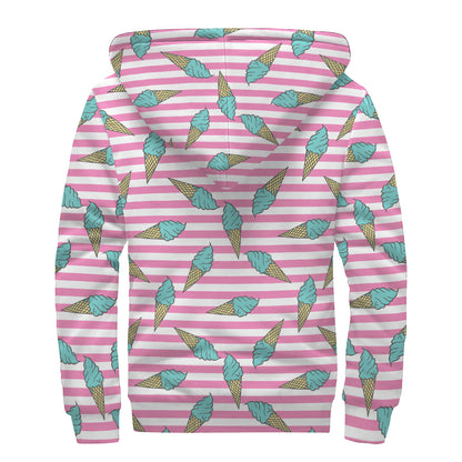 Pink Striped Ice Cream Pattern Print Sherpa Lined Zip Up Hoodie
