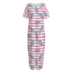 Pink Striped Ice Cream Pattern Print Short Sleeve Long Nightdress